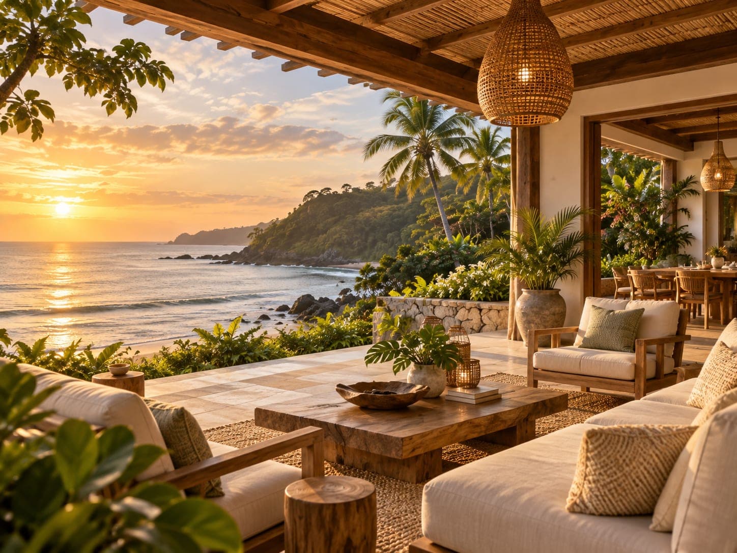 Terraza cubierta con sofas frente al mar al atardecer