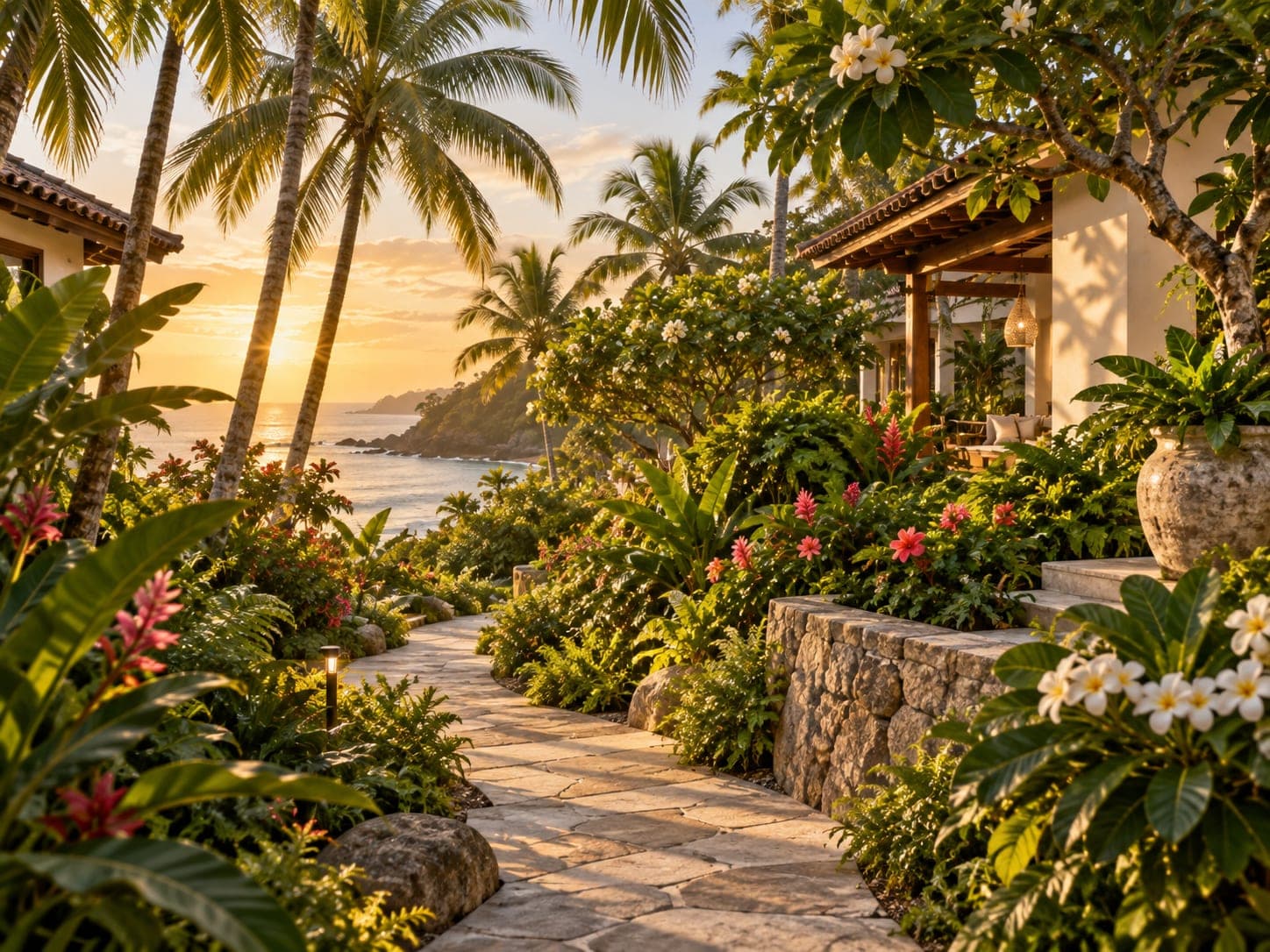 Sendero de piedra por el jardin tropical del hotel, con flores y vista al mar